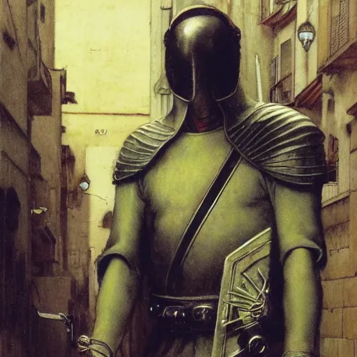 Prompt: study of masked holy crusader on the art deco streets of the byzathian empire city, award - winning realistic sci - fi concept art by beksinski, bruegel, greg rutkowski, alphonse mucha, and yoshitaka amano