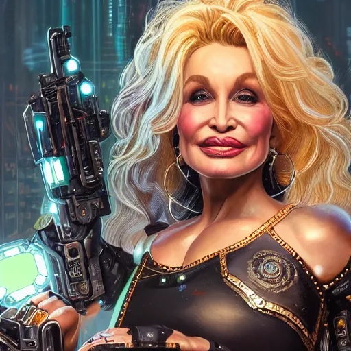 Image similar to closeup of cyborg Dolly Parton holding a books, cyberpunk 2077 setting, intricate, elegant, highly detailed, digital painting, artstation, concept art, matte, sharp focus, illustration, hearthstone, art by Artgerm and Greg Rutkowski and Alphonse Mucha