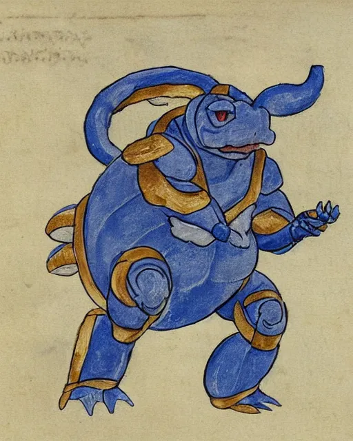 Image similar to a manuscript painting of Blastoise in the style of the Rochester Bestiary, Ashmole Bestiary