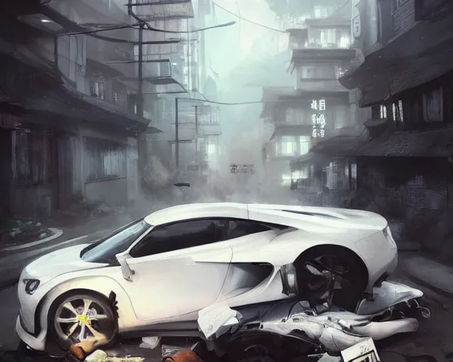 Image similar to a 50 year old brunnette chinese man with puffy cheeks lying with closed eyes on the ground next to a white super car crash, horror scene, dramatic, anime art, Greg Rutkowski, studio ghibli, dramatic lighting