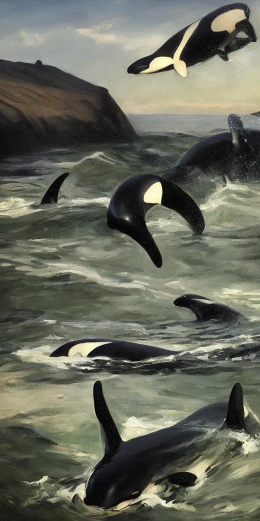Prompt: an Orca killer whale works the farm in the style of John Singer Sargent, detailed oil painting, 4k