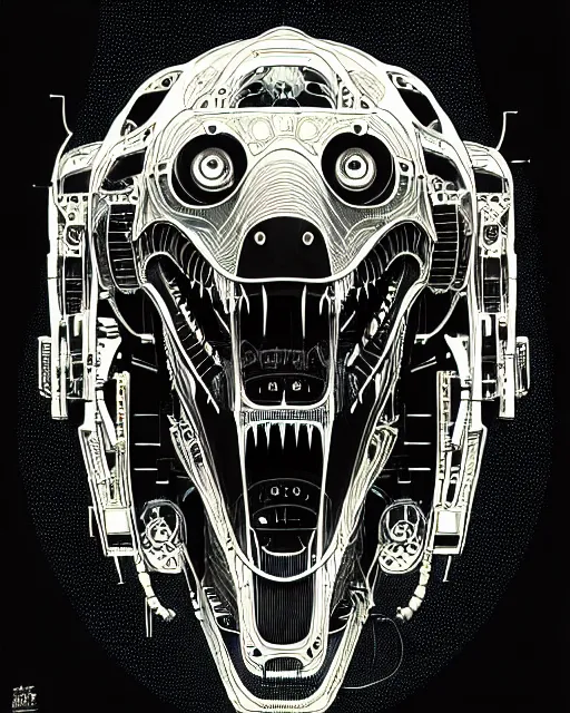 Image similar to a symmetrical illustration intricate mechanical robot trex dinosaur head, transformer, high details, symmetrical illustration, bold line art, by vincent di fate, kim jung gi, joe fenton, inking, scifi, screen print, character concept art, trending on art station, sharp, high contrast, ultrafine hyper detailed, hd, 4 k, 8 k