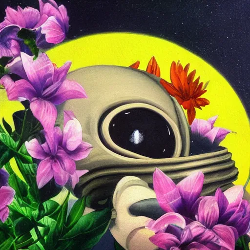 Image similar to beautiful painting of a cute alien sleeping laying in colorful flowers. sci fi concept art by caravaggio