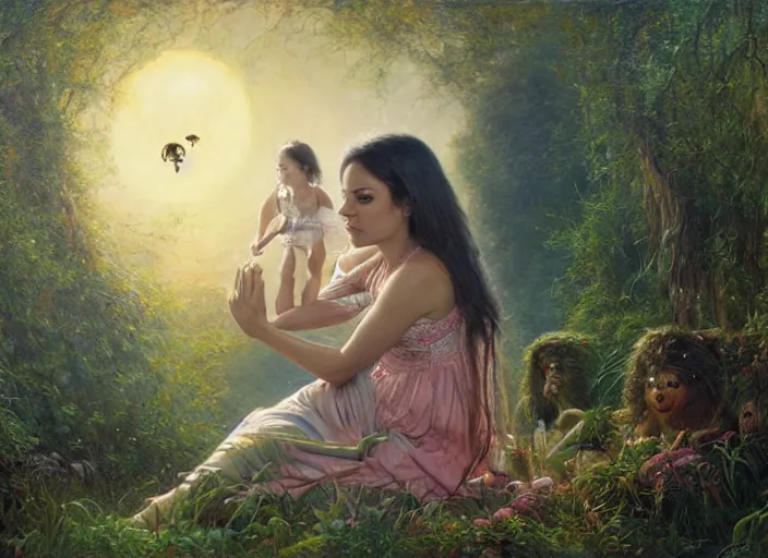 Image similar to Mila Kunis staring into the camera singing a lullaby, fireflies, full moon, Lilia Alvarado, Sophie Anderson, Mark Arian, Bob Byerley, Charlie Bowater, Mark Brooks, Steve Henderson, Justin Gerard, Arthur Hughes, Edward Robert Hughes, Mark Keathley, Victor Nizovtsev, Carlos Shwabe, Ross Tran, WLOP