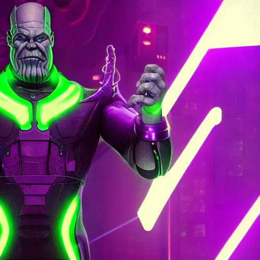 Prompt: thanos is a dj at a cyberpunk rave, he's wearing headphones and telling you to hold on a sec, holding 1 finger out to signify : wait a minute