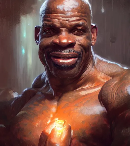 Image similar to Highly detailed portrait of ronnie Coleman, Stephen Bliss, unreal engine, fantasy art by Greg Rutkowski, Loish, Rhads, ferdinand knab, Makoto Shinkai and Lois van baarle, ilya kuvshinov, rossdraws, Tom Bagshaw, global illumination, radiant light, detailed and intricate environment