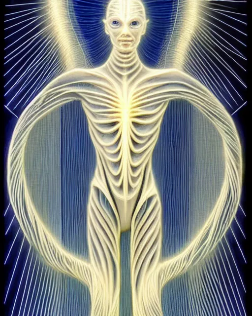 Image similar to Ethereal Enigma Being of light angelic humanoid cyberpunk cyborg with wire carved out of ivory by alex grey