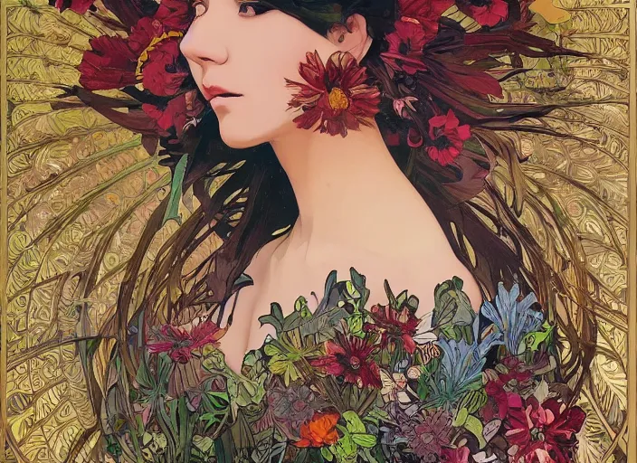 Image similar to oil painting, long shot, beautiful floralpunk iban bio mechanical female illustration detailed patterns art of sarawak traditional dress, flower pop art, floral splash painting, art by ashley wood, alphonse mucha, makoto shinkai, geof darrow, dark shadow