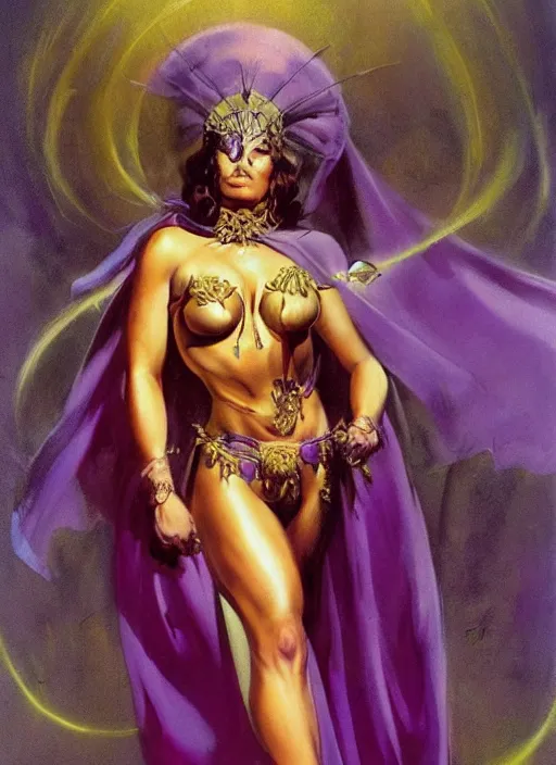 Image similar to portrait of plump female evil sorceress, golden tiara, purple robe and veil, lightning halo, strong line, muted color, beautiful! coherent! by frank frazetta, by boris vallejo