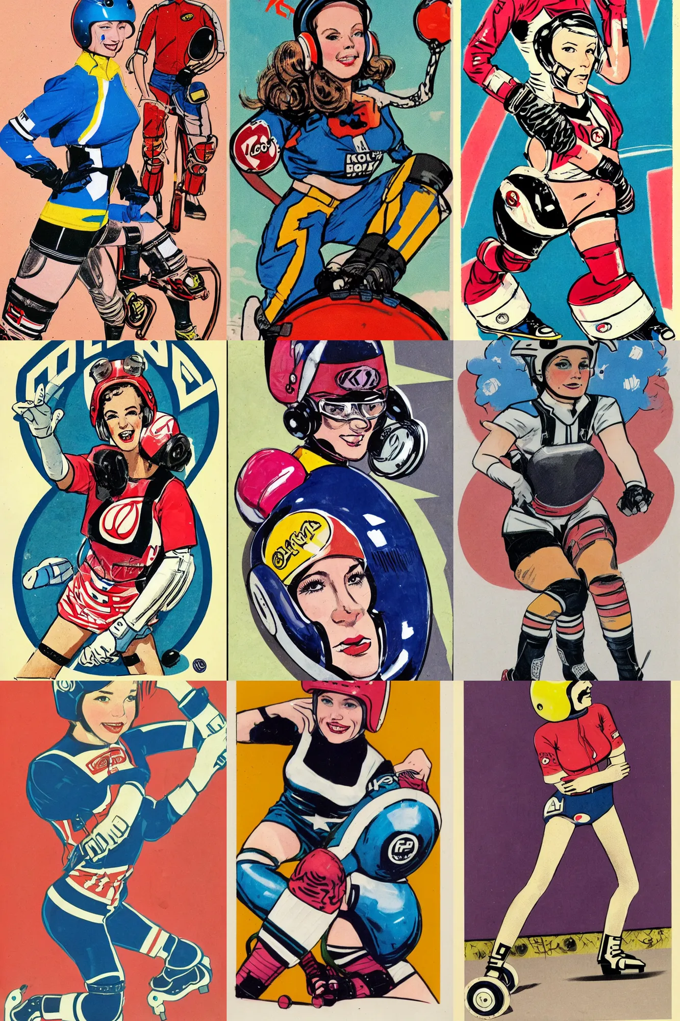 Prompt: roller derby girl portrait, logo, wearing helmet, wearing knee and elbow pads, showing victory,Frank Hampson and Kamggarn, 1960s