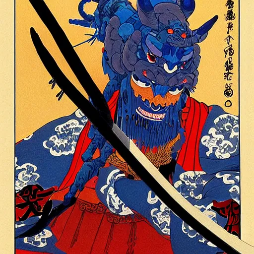 Image similar to a painting of a samurai but a blue oni demon 鬼 👹, poster art by otomo katsuhiro, cgsociety, nuclear art, reimagined by industrial light and magic, official art, poster art