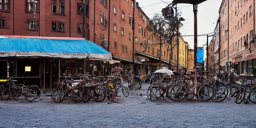 Prompt: Hordes of The walking dead on a Dusk City Street in Stockholm, Sweden, Intersection, Storefront, alleyway, beer advertisement, bicycle in background, chairs, table, city street lights, clumps of cables, abandoned cars, smoke, colored light, colorful umbrella, convenience store, dusk sky, dingy city street, exiting store, getting groceries, hilly road, Swedish writing, looking down street, moped, raining, smoking outside, tan suit, wet road, wet street, white shoes, wires hanging above street, wires in background, very high quality photography, dusk, cinematic.