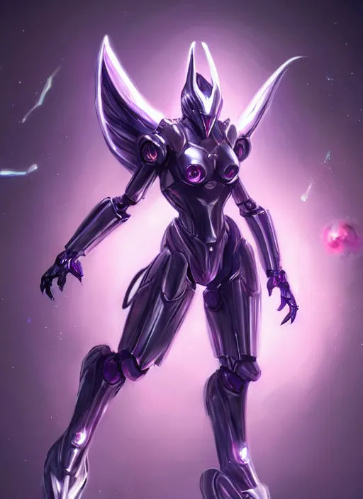 Image similar to cinematic goddess full shot, beautiful stunning hot anthropomorphic robot mecha female dragon, sleek dragon head, metal ears, led purple eyes, smooth fuschia skin, smooth silver armor, floating in space, holding a galaxy, epic proportions, epic size, epic detail, furry art, dragon art, giantess art, warframe fanart, furaffinity, octane