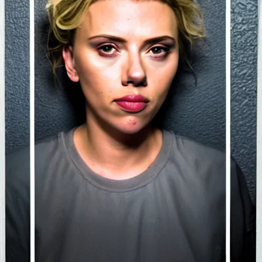 Prompt: scarlett johansson mugshot in jail, canon 3 5 mm photography