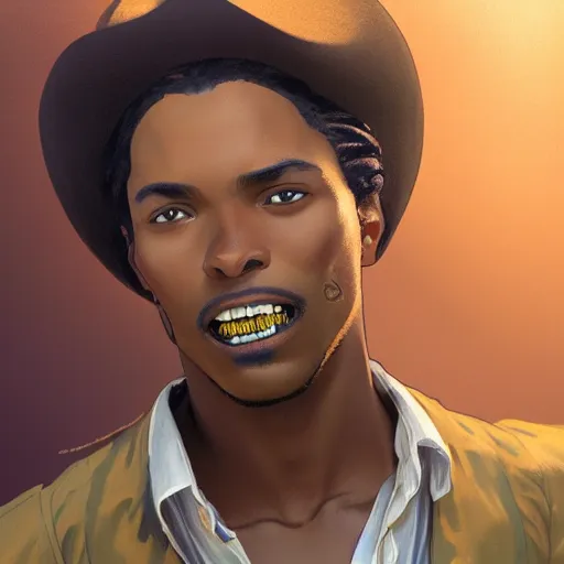 Prompt: a handsome regal young African-American cowboy with a smirk and gold teeth with a nice eyes catch light, volumetric lighting, D&D, realistic, intricate, cinematic lighting, highly detailed, digital painting, artstation, concept art, smooth, sharp focus, illustration, no crop, full body length art by Greg Rutkowski and Alphonse Mucha and Jacob Lawrence