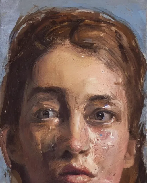 Image similar to a close up portrait a very ordinary young woman with a distracted expression, low angle, facing front, looking up, by Lucian Freud and Jenny Saville, oil painting, anatomically correct, beautiful perfect face, visible brushstrokes, sharp focus, Highly Detailed, Cinematic Lighting, 8k, HD