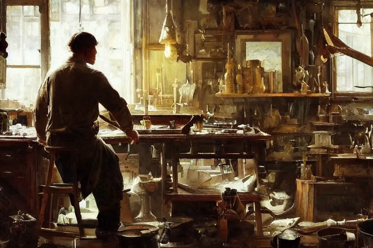 Prompt: oil painting of craftsman buidling a piece of furniture in their workshop, art by anders zorn, wonderful masterpiece by greg rutkowski, beautiful cinematic light, american romanticism by greg manchess, jessica rossier and norman rockwell