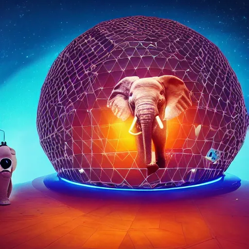 Image similar to a hyperrealistic 3D octane render of an elephant wearing virtual reality goggles playing a synthesizer inside of a geodesic dome planetarium with planets and galaxies, trending on artstation, 8k, 4K, dramatic lighting, glowing, volumetric lighting, ray tracing, unreal engine