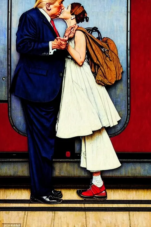 Image similar to romantic couple reunited in a train station, norman rockwell painting of donald trump kissing donald trump