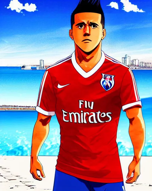 Image similar to portrait Anime Alexis Sanchez; white football shirt, Marseille beach in background || anime, manga cute-fine-face, pretty face, realistic shaded Perfect face, fine details. Anime. realistic shaded lighting by Katsuhiro Otomo