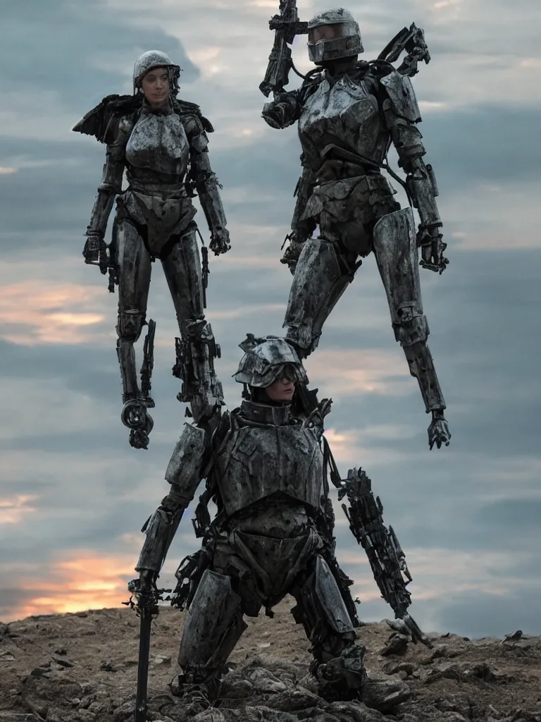 Image similar to emily blunt in futuristic power armor, alone, standing atop a hill, raising her sword, edge of tomorrow movie, angel of verdun, sunset