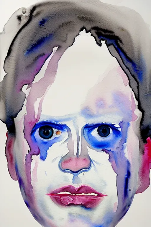 Prompt: watercolor in wet paper, a 3 / 4 portrait liquid white of a human white face that melt down flow go runny by marlene dumas, face painted with white thick fluid, detailed watercolor, grainy, contrast