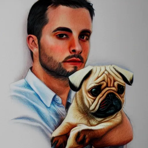 Prompt: self portrait, young white hispanic handsome man with short light brown hair and light skin and a 5 o clock shadow, holding a pug for a picture, pencil art, added detail, high definiton, colored, backfacing, illustrated