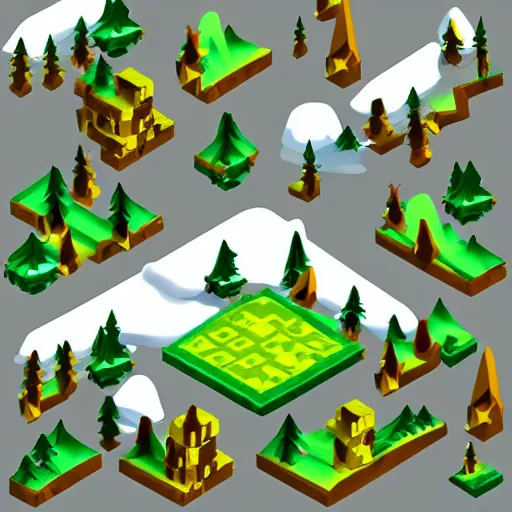 Image similar to isometric forest in winter, game art in style of sephirotart, glow