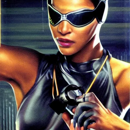 Image similar to Trinity the matrix, Female sprinter in athletic attire with cyborg legs, metal body, diesel punk, athletic footage, 1980's, olympics, cinematic, art deco