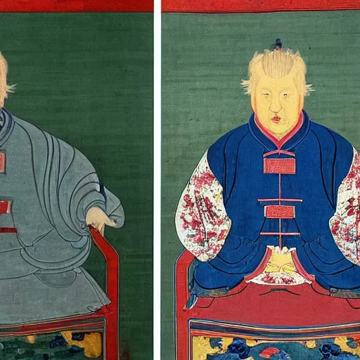 Prompt: a ming dynasty portrait of the emperor boris johnson, vibrant, restored art, sharp focus, exhibited at the british museum