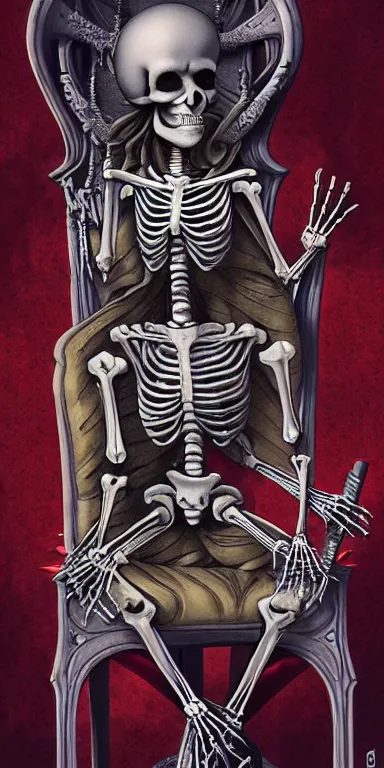 Image similar to tarot card render of a skeleton sitting on a throne, poster art by James Jean, Joe Fenton, Lise Deharme, Anne Stokes, Brian Despain, Petros Afshar behance contest winner, gothic art, , apocalypse art, behance hd, macabre poster art,