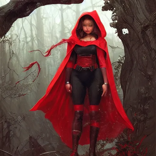 Image similar to Portrait of Little Red Riding Hood with a black panther, intricate, wild, highly detailed, digital painting, artstation, concept art, smooth, sharp focus, illustration, art by artgerm and greg rutkowski and alphonse mucha, footage from space camera