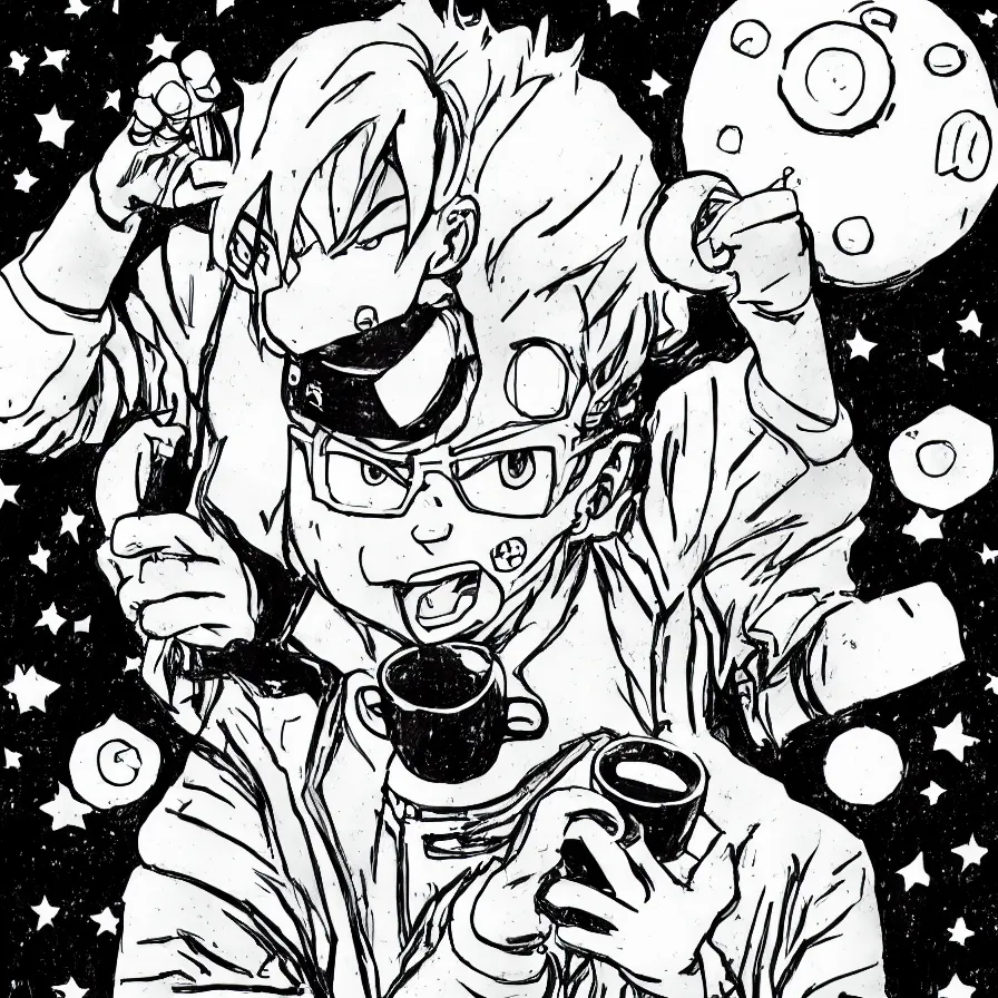 Image similar to manga portrait of a man drinking coffee akira toriyama, lineart, black and white, scifi, big clouds visible in the background, stars in the sky, high contrast, deep black tones