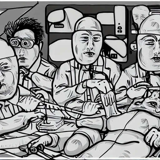 Image similar to evil surgeons at an operating table, in the style of daniel johnston and outsider art, 8 k, line brush, overlaid with chinese adverts