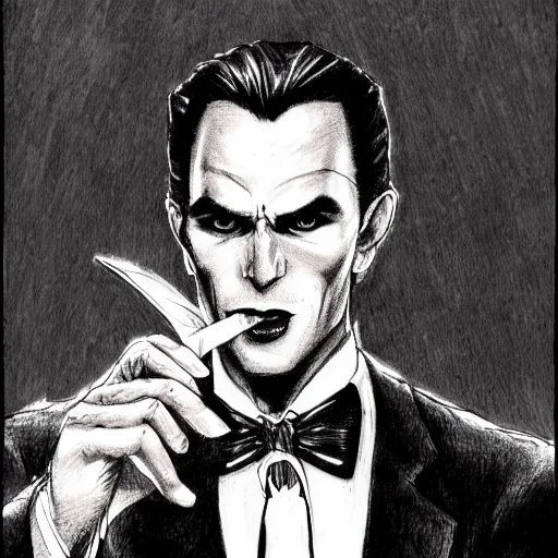 Prompt: a handsome vampire in a suit and tie, character portrait, detailed ink drawing, black and white, 9 0 s vibe, concept art by tim bradstreet