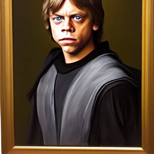 Image similar to a portrait painting of young mark hamill playing luke from star wars in a renaissance style hanging in the louvre