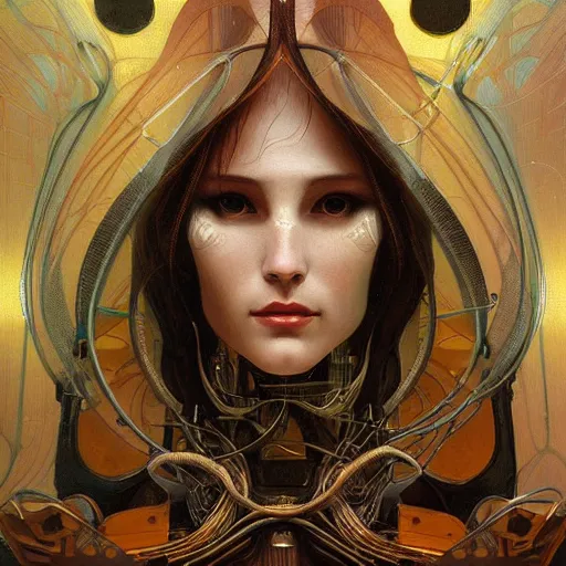 Image similar to portrait of a beautiful female android, coy, circuitry visible in head, in the style of ex machina, karol bak, alphonse mucha, greg rutkowski, award winning, hr giger, artstation