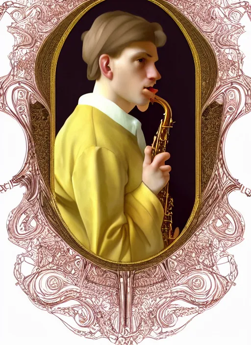 Image similar to Beautiful half body portrait of a young blond man playing sax wide view, intricate, elegant, digital painting, ilustratiom, artwork by Vermeer and alphonse mucha, serene funky fractal soft background