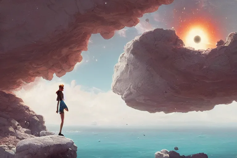 Image similar to giant white daisy flower over head, girl standing on rocky cliff, surreal photography, solar eclipse, milky way, dramatic light, impressionist painting, colorful clouds, digital painting, artstation, james gilleard, liam wong, jeremy mann, simon stalenhag