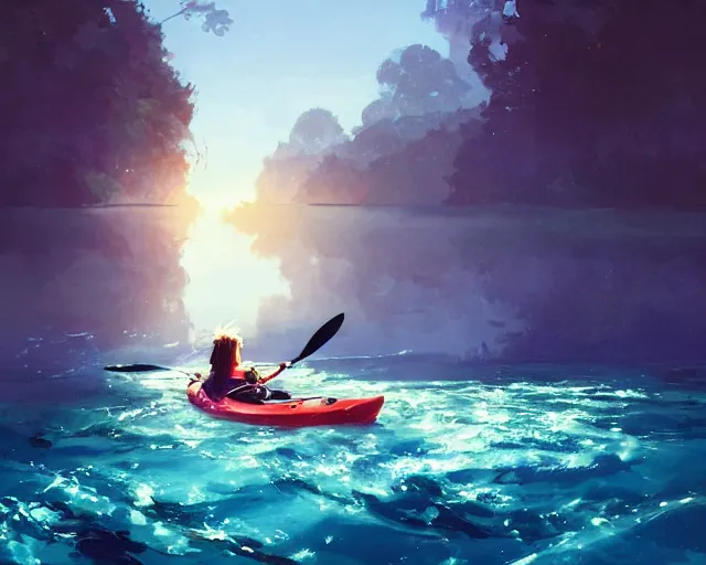 Image similar to a girl in a kayak in a river. blue water, atmospheric lighting. by makoto shinkai, stanley artgerm lau, wlop, rossdraws, james jean, andrei riabovitchev, marc simonetti, krenz cushart, sakimichan, d & d trending on artstation, digital art.