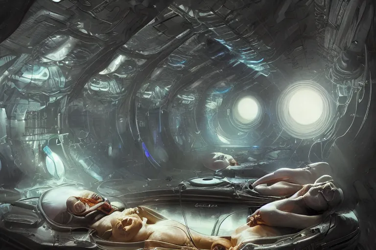 Prompt: the birth of the cyborg sleeping chambre / artificial womb by goerge hull, steve burg & jim martin. hedonic imperative expressed as a pan - species techno - utopia imagined by jim burns and james gurney. masterpiece scifi artwork, retro, trending on artstation, 8 k