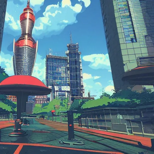 Prompt: “arasaka tower grounds being patrolled by mechs. Anime background art in the style of Akira. HD hyperrealistic 8K photomode.”