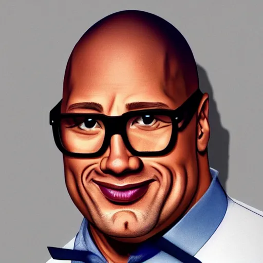 Prompt: the obese dwayne the rock johnson's face wearing nerd glasses