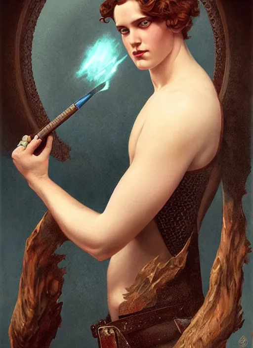 Image similar to a sociopathic portrait of a pockmarked man with beautiful blue eyes and short brown hair, art by manuel sanjulian and tom bagshaw