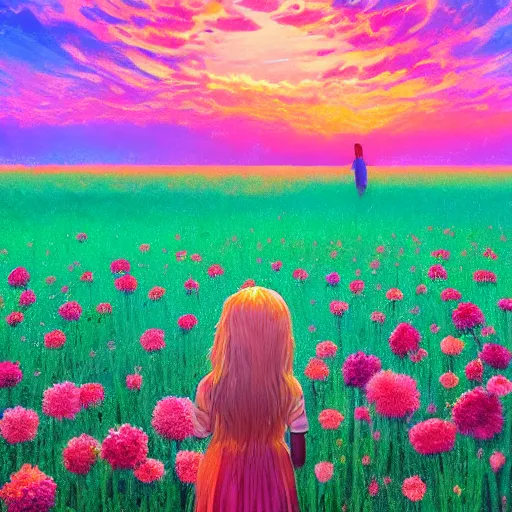 Image similar to head made of carnations, girl standing in a vast flower field, holding flowers, surreal photography, sunrise dramatic light, impressionist painting, colorful clouds, large sky, digital painting, artstation, simon stalenhag, flower face