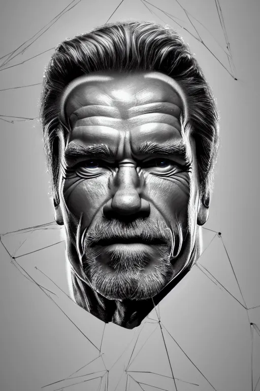 Image similar to Portrait of arnold Schwarzenegger with long white hair, elegant, photorealistic, highly detailed, artstation, smooth, sharp focus, celtic rune ornaments, neon lighting, sci-fi, art by Klimt