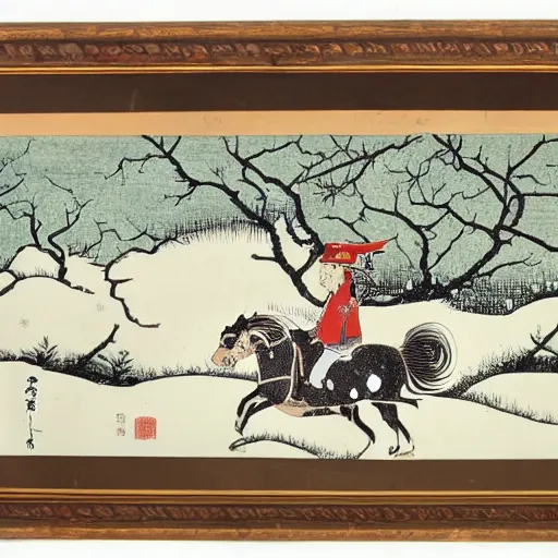 Prompt: Ukiyoe of a boy riding a horse through a snowy forest