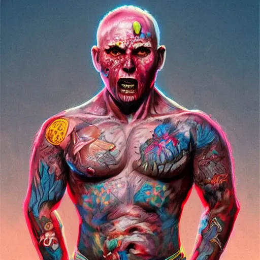 Image similar to Bright, colorful, realistic Serial killer rpg single individual full body shot gore covered with scars and tattoos screaming, backlighting, kodachrome, high contrast, highly detailed, sharp focus, digital painting, concept art, illustration, trending on artstation, comic book by Alex Ross cover art