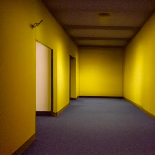 Image similar to flash low quality photograph of the backrooms, mustard - yellow old moldy moist carpet room, empty liminal space, very dark shadows, broken fluorescent lighting, horror movie scene, film grain