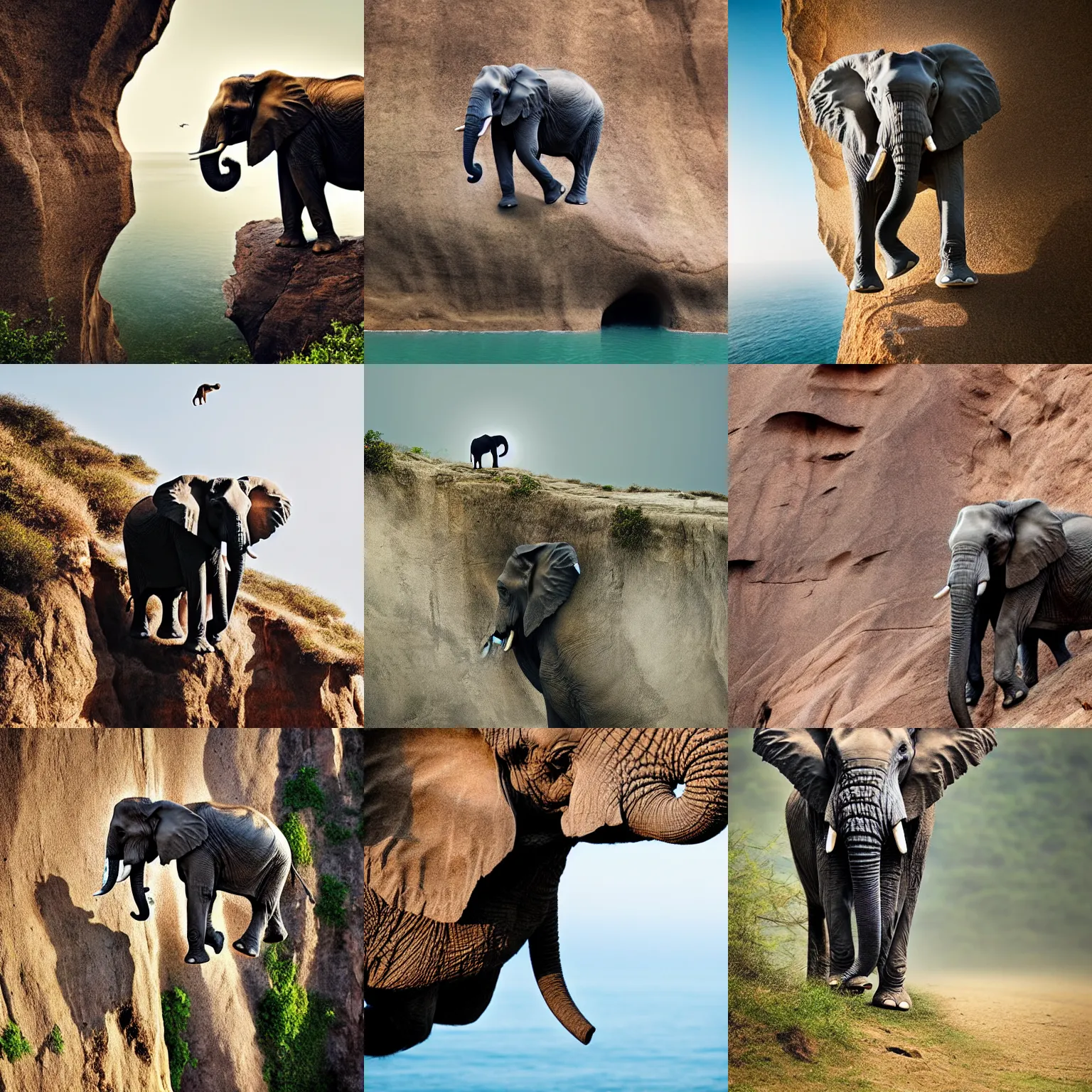 Prompt: elephant jumping off of cliff, award winning nature photography